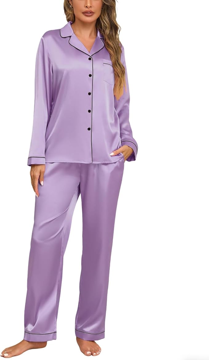 Veseacky Womens Satin Pajama Set Silk Pjs Button Down Long Sleeve Sleepwear Loungewear Sleepwear 2 Piece Pjs Set S-XXL