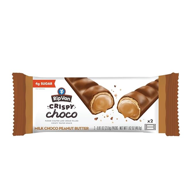 Rip Van Crispy Choco - Chocolate Coated Peanut Butter Wafer Bars - Low Sugar Fudge and Peanut Butter Cream Filled Snack - 12 Pack