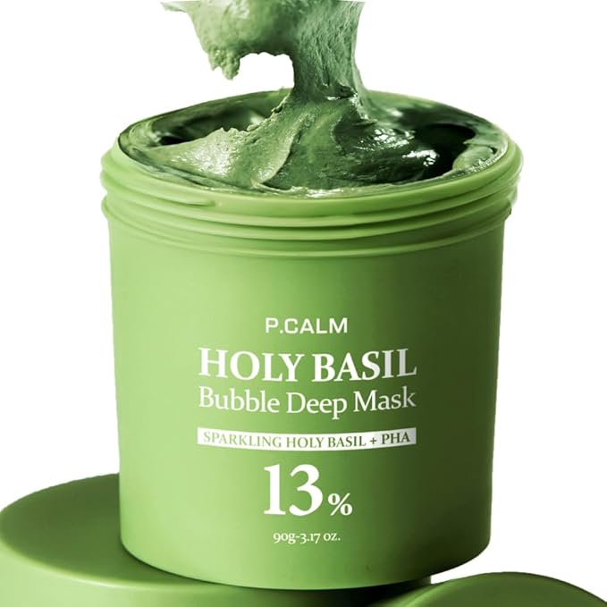 P.CALM Holy Basil Bubble Deep Mask β Holy Basil & Carbonated Water for Cleansing Pores & Blackheads, Korean Clay to Bubble Wash-Off Pack (90g / 3.17 oz)