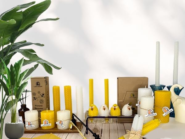 Lacaser Beeswax Pillar Candles Bulk Set of 4, Bees Wax Candles for Home, Size 2"X4", Unscented & Dripless & Smokeless,7 Hours Burn Time Each, Yellow