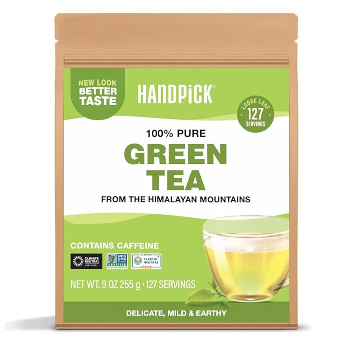 HANDPICK, Green Tea Loose Leaf (255g/9oz) 127 Cups | Non-GMO, 100% Pure Green Tea Leaves Sourced from Himalayas, India | Resealable Ziplock Pouch
