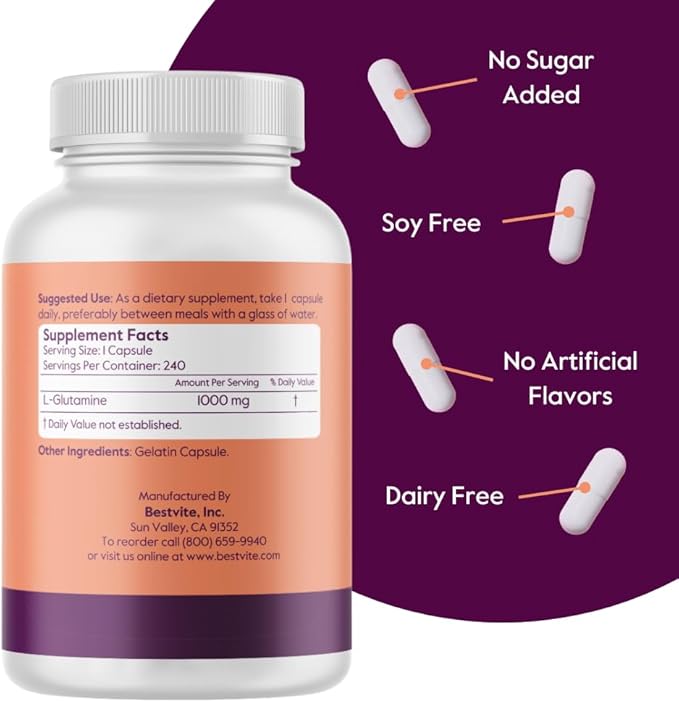 BESTVITE Filler-Free L-Glutamine 1000mg per Capsule (240 Capsules) - Free Form - No Stearates - Gluten Free - Non GMO - Pure L Glutamine Supplement - Maximum Strength Glutamine Capsules