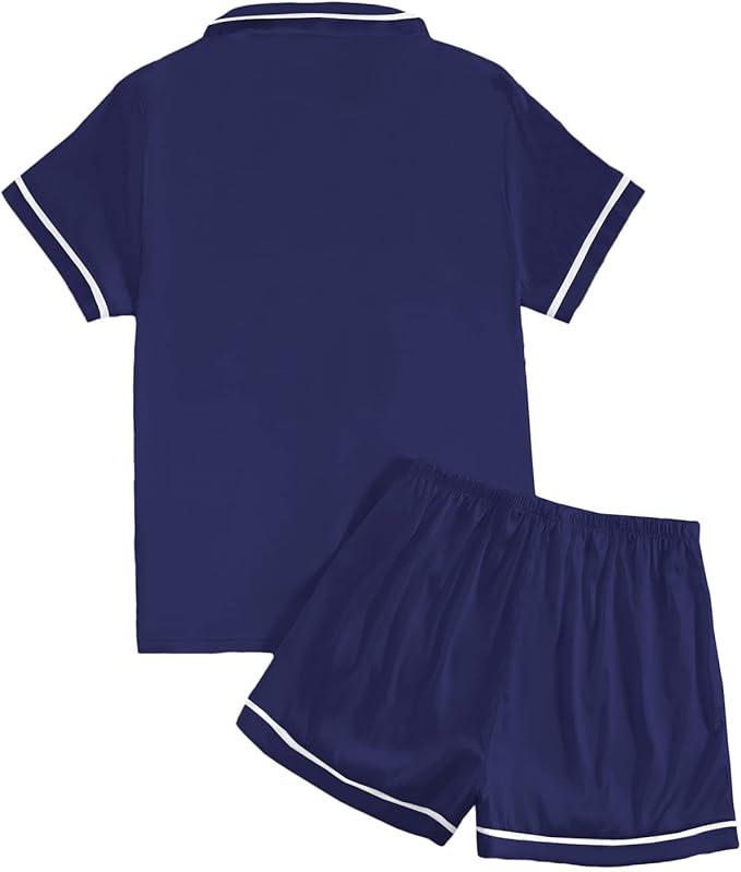 LYANER Women's Satin Silky Short Sleeve Button Shirt Sleepwear 2Piece Pajama Set
