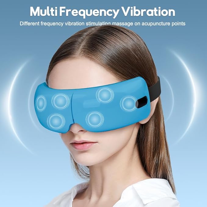 Eye Massager with Heat and Air Compression, Gift for Mon, Eye and Temple Massage Therapy with Vibration and Music for Migraines, Eye Fatigue Relief, Dry Eyes Strain, Blue