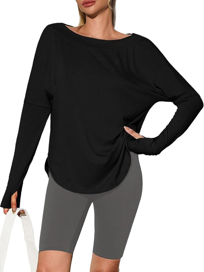 Tankaneo Womens Open Back Workout Shirts Casual Long Sleeve Boat Neck Tops Athletic Gym Yoga Tees with Thumb Holes
