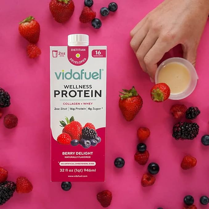 Vidafuel Concentrated Protein Shot - 16g of Protein per 2oz. - Collagen & Whey Protein Drink, No Artificial Sweeteners, 32 fl oz. - Berry, 6 Count