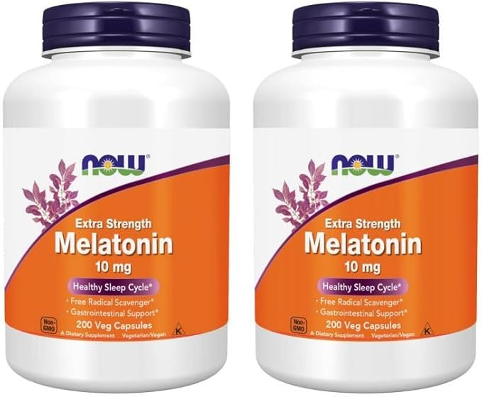 Now Foods Supplements, Melatonin, Extra Strength 10 mg, Free Radical Scavenger*, Healthy Sleep Cycle*, 200 Veg Capsules (Pack of 2)
