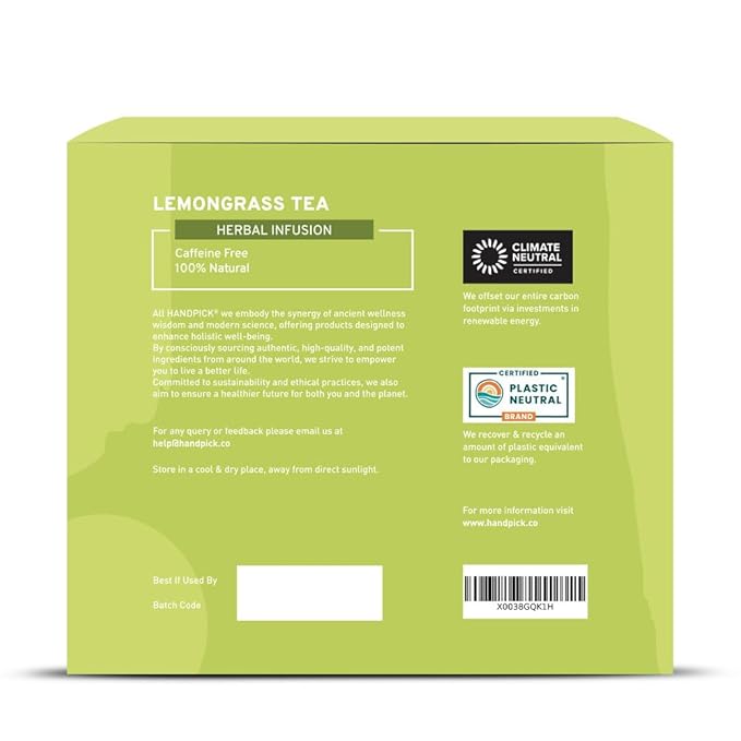 HANDPICK, Lemongrass Tea Bags (100 Count) Non-GMO, Caffeine Free - Quality Lemongrass Herbal Tea- Eco-conscious Round Tea Bags | Brew Hot or Iced Tea