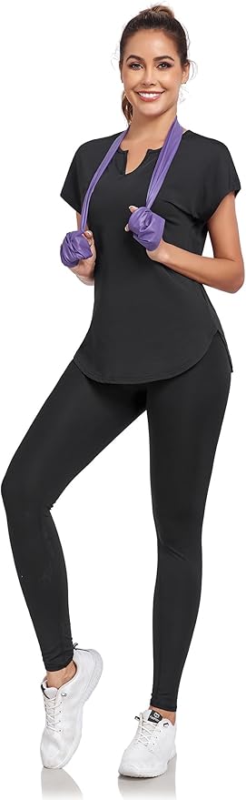 Women's Short Sleeve Workout Shirts V Neck Exercise Yoga Basic Top Quick Dry Side Split