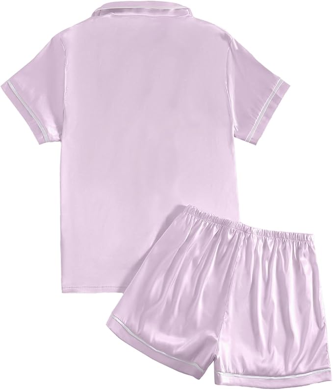 LYANER Women's Satin Silky Short Sleeve Button Shirt Sleepwear 2Piece Pajama Set