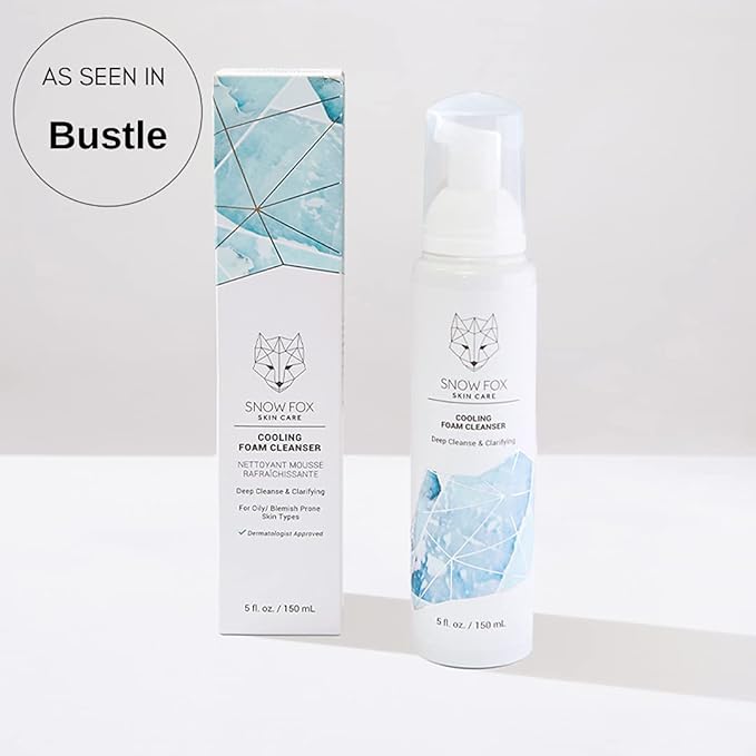 Snow Fox Skin Care Cooling Foam Cleanser - SLS- Free Face Wash with Organic Aloe Vera & Peppermint Water - Gentle< Non _ Drying Formula for Oily, Combination & Sensitive Skin - 5oZ