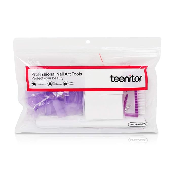 Teenitor Nail Polish Gel Remover Tools Kit with Nail Clips Nail Remover Pads Cuticle Pusher Nail Brushes Nail File Grits 120/180 Buffer Block Grits 400/4000, 6 Pack Purple