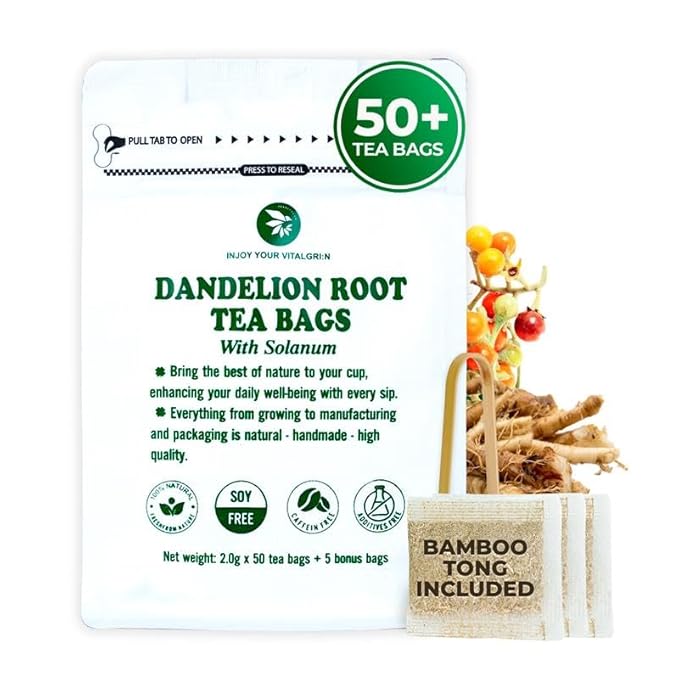 Natural Dandelion Root Tea with Solanum Trilobatum - 55 Count (+5 Tea Bags) - 5.15 oz, Bamboo Tong, Re-Steep Pure Herbal Tea Detox Blend for Strength Balance, Energy Support