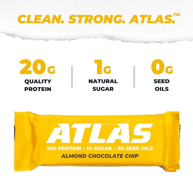 Atlas Protein Bar – 20g Clean Protein, 1g Natural Sugar, No Seed Oils, Gluten Free, No Artificial Sweeteners - Almond Chocolate Chip 24 Count