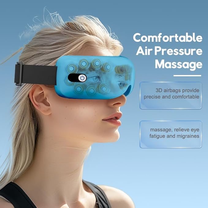 Eye Massager with Heat and Air Compression, Gift for Mon, Eye and Temple Massage Therapy with Vibration and Music for Migraines, Eye Fatigue Relief, Dry Eyes Strain, Blue