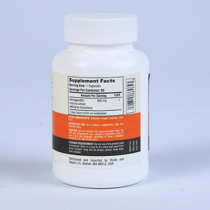 Premium Ashwagandha 800mg – High Potency Root Extract | Non-GMO, Gluten-Free – 60 Capsules