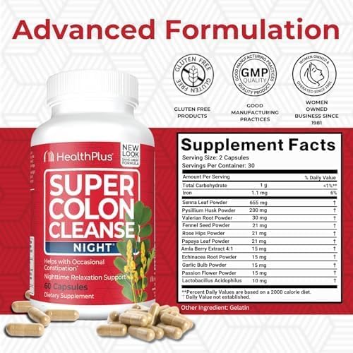 Health Plus Super Colon Cleanse Night Formula Digestive Support | Constipation Relief to Reduce Bloating with Probiotics and Valerian Root for Sleep | More than 1 Cleanse, 60 Capsules