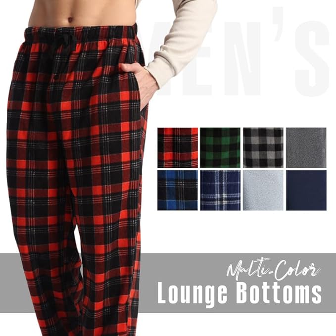 3 Pack Men's Fleece Pajama Pants Bottoms– Lounge Sleepwear Plaid PJs with Pockets and Button Fly