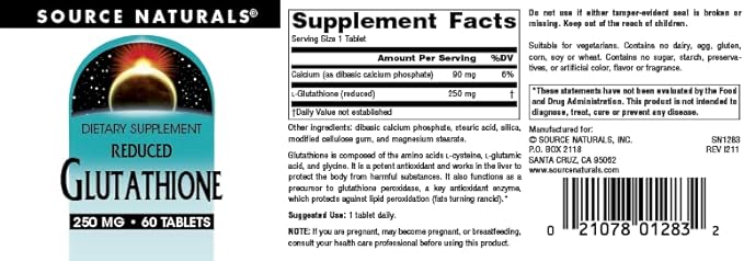 Source Naturals Reduced Glutathione, Antioxidant Supplement for Liver Support, 250mg - 60 Tablets