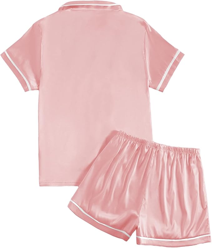 LYANER Women's Satin Silky Short Sleeve Button Shirt Sleepwear 2Piece Pajama Set