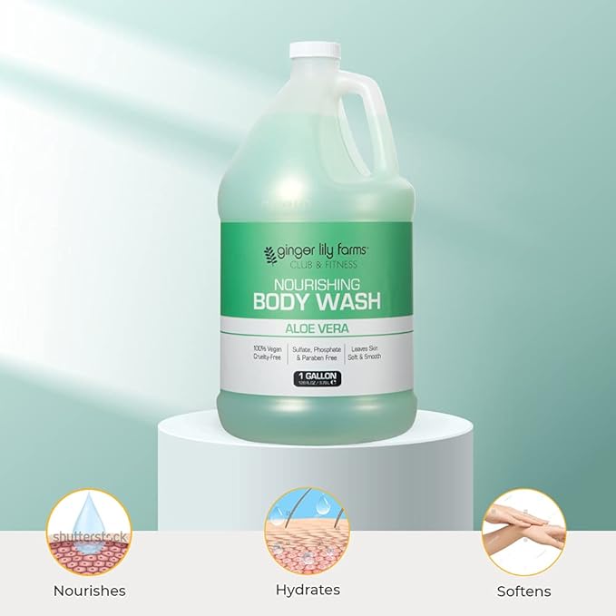 Ginger Lily Farms Club & Fitness Nourishing Body Wash, 100% Vegan & Cruelty-Free, Bath & Shower Gel for Men and Women, Aloe Vera Scent, 1 Gallon (128 fl. oz.) Refill