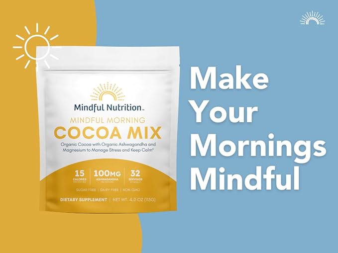 Mindful Morning Sugar Free Hot Chocolate Mix with Organic Ashwagandha and Magnesium Supplements to Relax the Mood and Calm the Mind, Natural Stress Relief Supplement Hot Cocoa