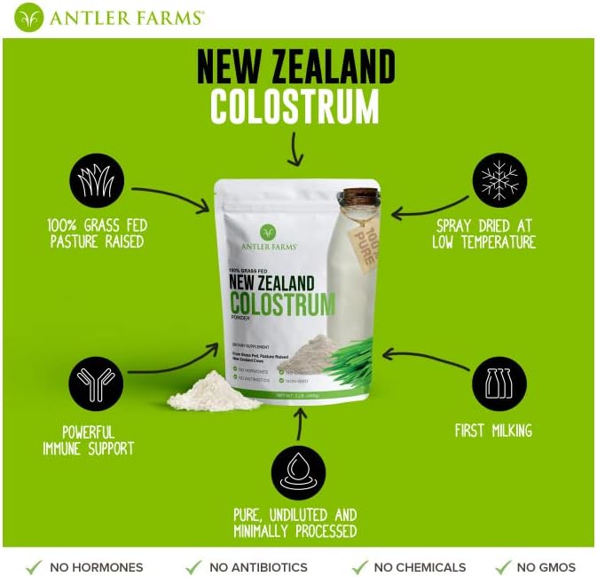 Antler Farms 100% Pure New Zealand Colostrum, 30 Servings, 1 lb - Grass Fed, Pasture Raised, Clean Sourced, Cold Processed, Undiluted, High IgG Content