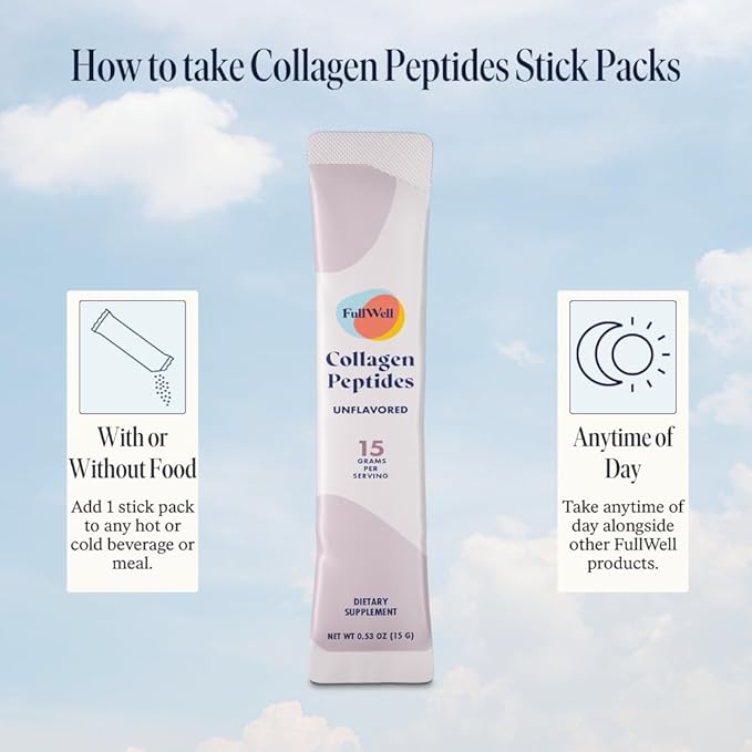 FullWell Hydrolyzed Collagen Peptide Stick Packs, Breastfeeding & Pregnancy Safe Grass-Fed Collagen Travel Packs, 15g Unflavored Collagen, 30 Servings