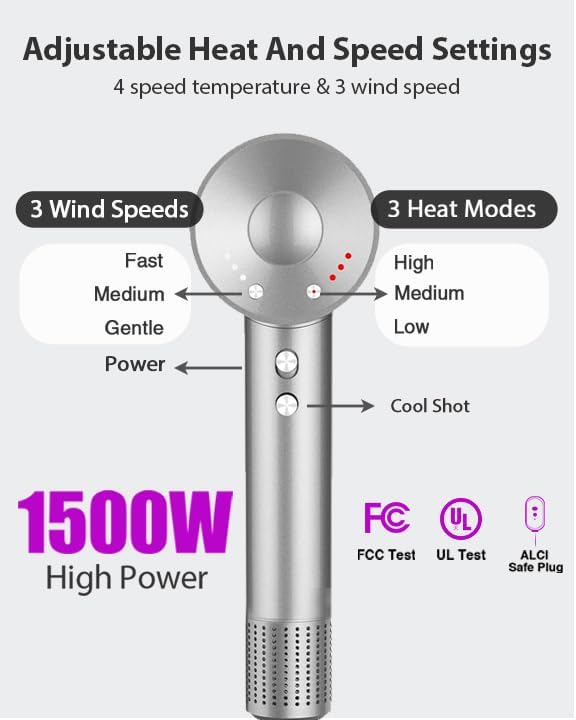 Hair Dryer with Carry Case, 160000 RPM Professional High-Speed Ionic Blow Dryer 200 Millions Negative Ionic & 3 Speeds & 3 Temps & Low Noise, Hairdryer with Diffuser for Faster Drying, Gray