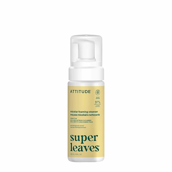 ATTITUDE Micellar Foaming Facial Cleanser, EWG Verified, Dermatologically Tested, Plant and Mineral-Based, Vegan, Lemon Leaves, 5 Fl Oz