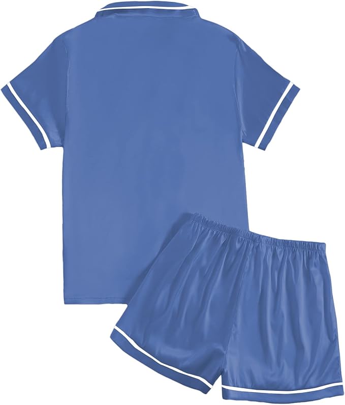 LYANER Women's Satin Silky Short Sleeve Button Shirt Sleepwear 2Piece Pajama Set