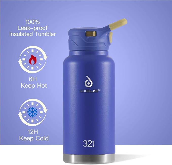 IDEUS Insulated Stainless Steel Water Bottle with 2 Leak-Proof Lids, Thermal Water Flask for Hiking Biking, 32oz, Purple