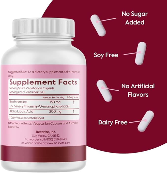 Benfotiamine 150mg / Alpha Lipoic Acid 300mg (120 Vegetarian Capsules) - No Stearates - Vegan - Gluten Free - Non GMO
