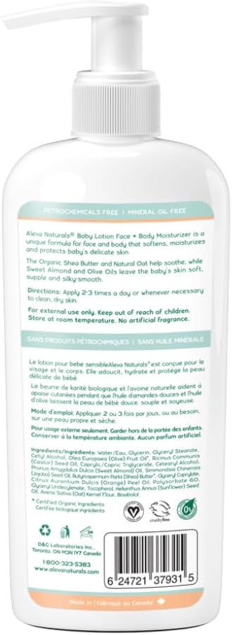 Aleva Naturals Daily Soothing Moisturizer | For Sensitive Dry Skin | Face and Body Lotion | Made with Natural and Organic Ingredients | for Babies and Toddlers - 8 fl. oz / 240ml