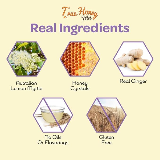True Honey Lemon Ginger Tea Bags - Honey Crystals Blended in Every Sachet - Healthy Digestion Nourishment - All Natural Organic Herbal Caffeine Free Tea Bag 24 Count