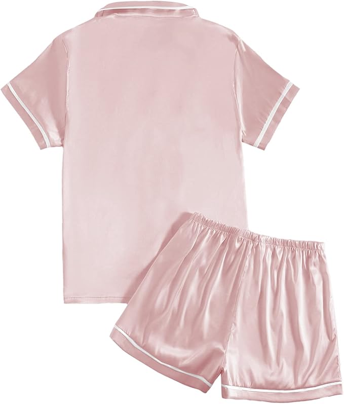 LYANER Women's Satin Silky Short Sleeve Button Shirt Sleepwear 2Piece Pajama Set