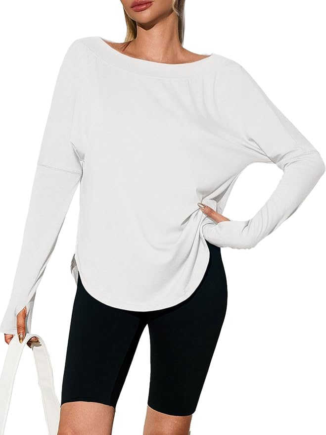Tankaneo Womens Open Back Workout Shirts Casual Long Sleeve Boat Neck Tops Athletic Gym Yoga Tees with Thumb Holes