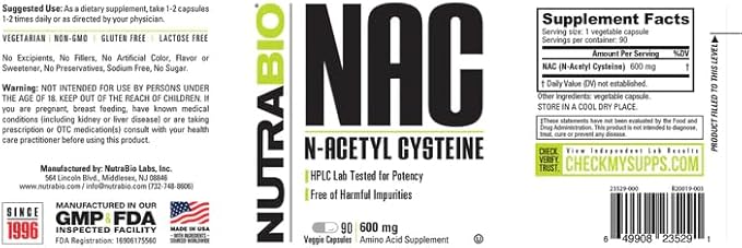 NutraBio N-Acetyl Cysteine Supplement (NAC) - 90 Capsules, 600mg Each - Powerful Anti-Oxidant - Immune Support - Boost Glutathione (Pack of 2)