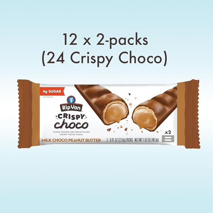 Rip Van Crispy Choco - Chocolate Coated Peanut Butter Wafer Bars - Low Sugar Fudge and Peanut Butter Cream Filled Snack - 12 Pack
