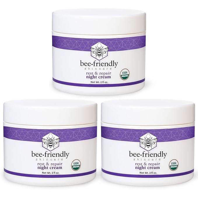 BeeFriendly Organic Night Cream, USDA Certified Organic, Deep Hydrating & Moisturizing Night Time Eye, Face, Neck & Decollete Cream for Women and Men, Anti Aging, Anti Wrinkle 6 oz (3 Jars in box)