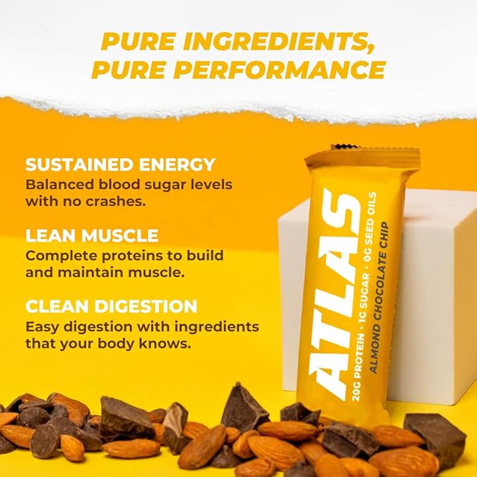 Atlas Protein Bar – 20g Clean Protein, 1g Natural Sugar, No Seed Oils, Gluten Free, No Artificial Sweeteners - Almond Chocolate Chip 24 Count