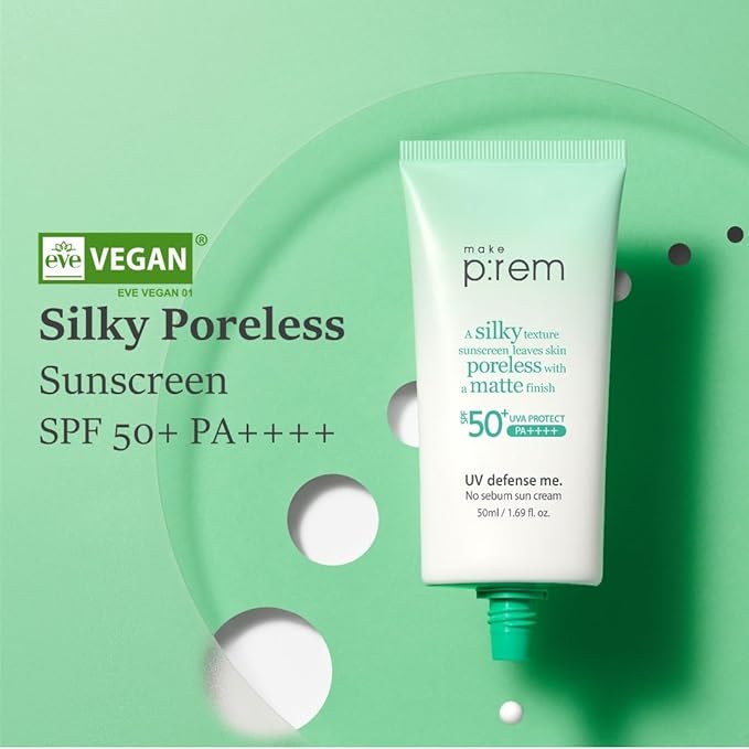 MAKE P:REM UV Defence me. No Sebum Sunscreen, SPF 50+ PA++++ Reef-Safe Silky Texture with Poreless and Matte Finish, UVA/UVB Protection, Korean Sunscreen, 1.69 fl oz, 50ml
