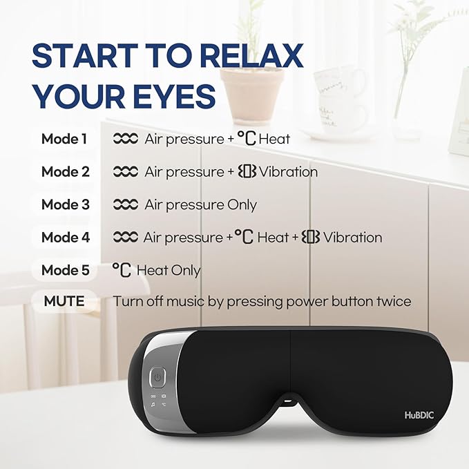 HubiCare Eye Massager with Heat, Vibration, and Music Helps Relieve Strain, Dark Circles, Dryness, and for Migraine Relief Relaxation and Better Sleep Gifts for Women/Men (Black)