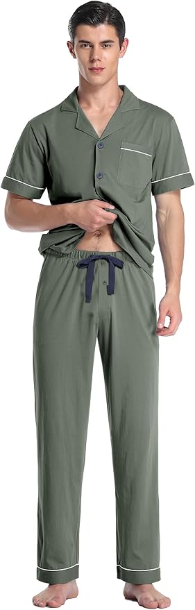 COLORFULLEAF Men's 100% Cotton Pajamas Set Button Down Sleepwear Short Sleeve and Long Pants Pjs