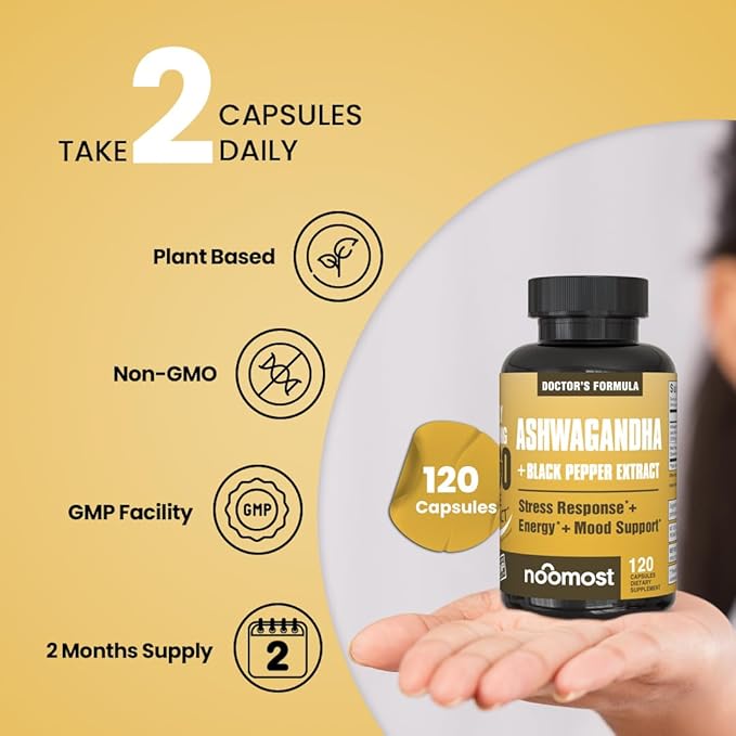 NooMost Ashwagandha 1200mg Supplement | 10% Withanolides with Black Pepper Extract | Pure Root Extract for Stress Relief, Promotes Energy, Mood, Helathy Sleep for Men & Women | 120 Capsules