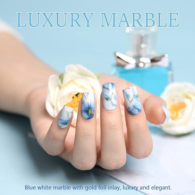 Marble Press on Nails Short Square GLAMERMAID, Blue Gold Acrylic Fake Nails with Design Luxury Stick Glue on Nails Reusable Glossy False Nail Sets, 48Pcs Adhesive Tabs Nail File, Cuticle Stick