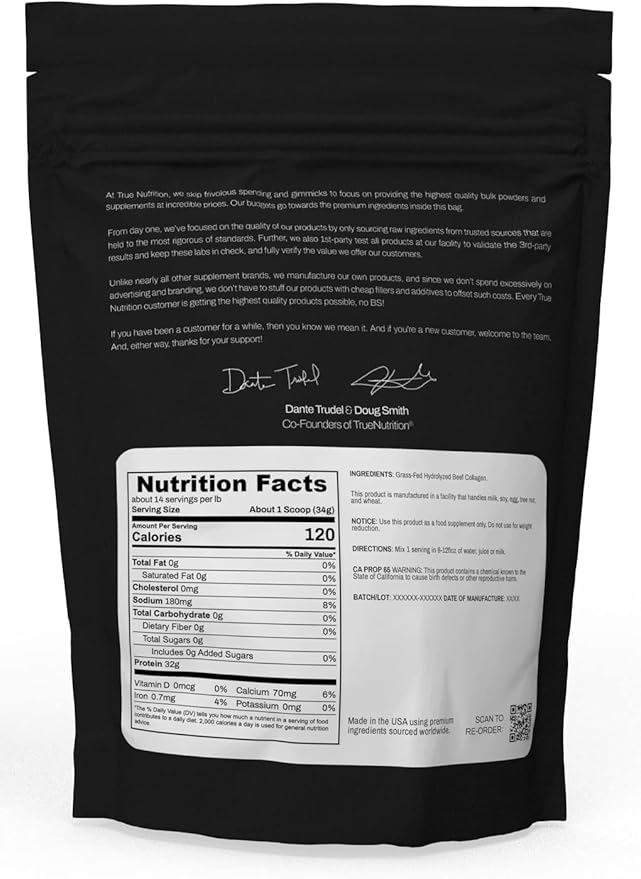 True Nutrition - Hydrolyzed Collagen Powder from Grass Fed Beef - Paleo Friendly, Gluten, Soy, and Dairy Free, Non-GMO, Grass Fed Collagen Peptides Powder - Unflavored - 1LB