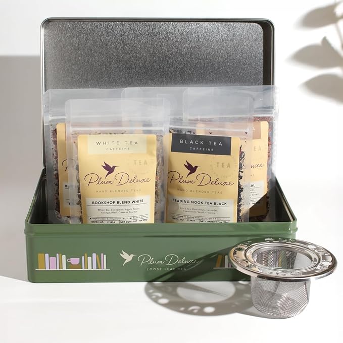 Literary Tea Collection Assorted Tea Gift Set - Hand-Crafted Loose Leaf Teas, Presentation Gift Box with Loose Leaf Steeper Included - Mixed Caffeine - 5 Unique and Flavorful Teas, 75+ Cups