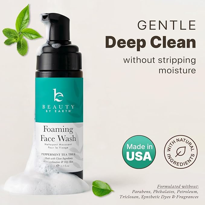 Beauty by Earth Foaming Face Wash Cleanser โ Natural & Organic Ingredients, Vegan Facial Wash, Gentle Daily Cleanser for Sensitive, Oily & Acne Prone Skin, Made in USA