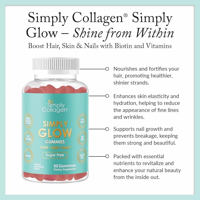 Simply Collagen® Simply Glow Hair, Skin & Nails Gummies – Vegan, Sugar-Free, Gluten-Free – Biotin 5000 mcg – Hair Gummies for Women & Men – 60 Count